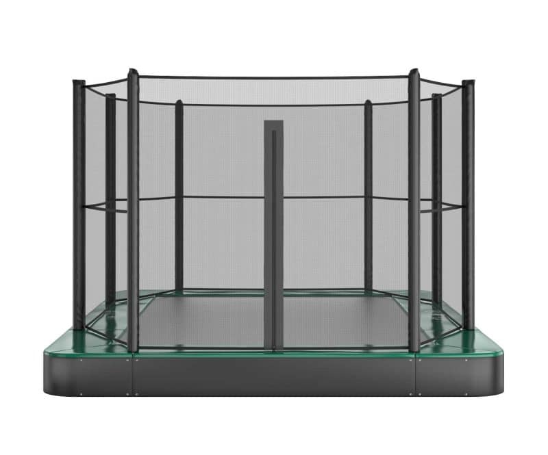 green trampoline with enclosure