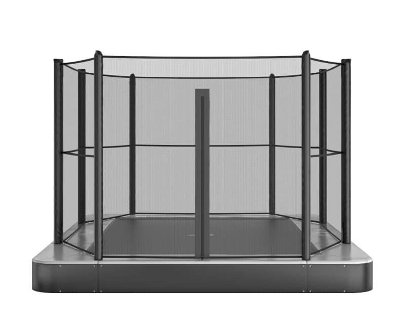 grey trampoline with enclosure
